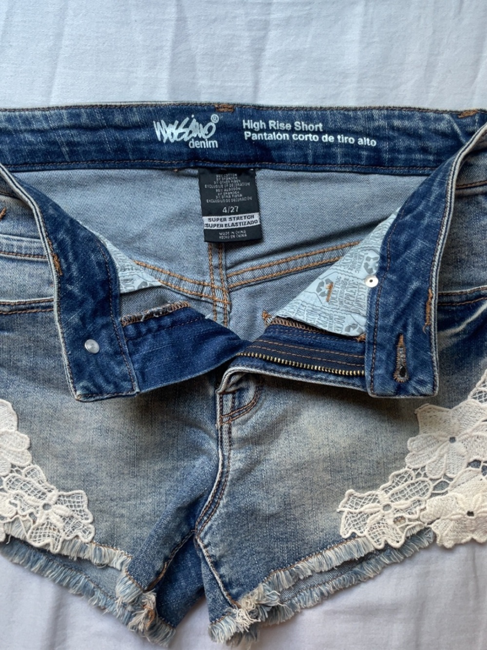 Denim High-Rise Lace Trim Women’s Shorts - Light Blue - Picture 2 of 3